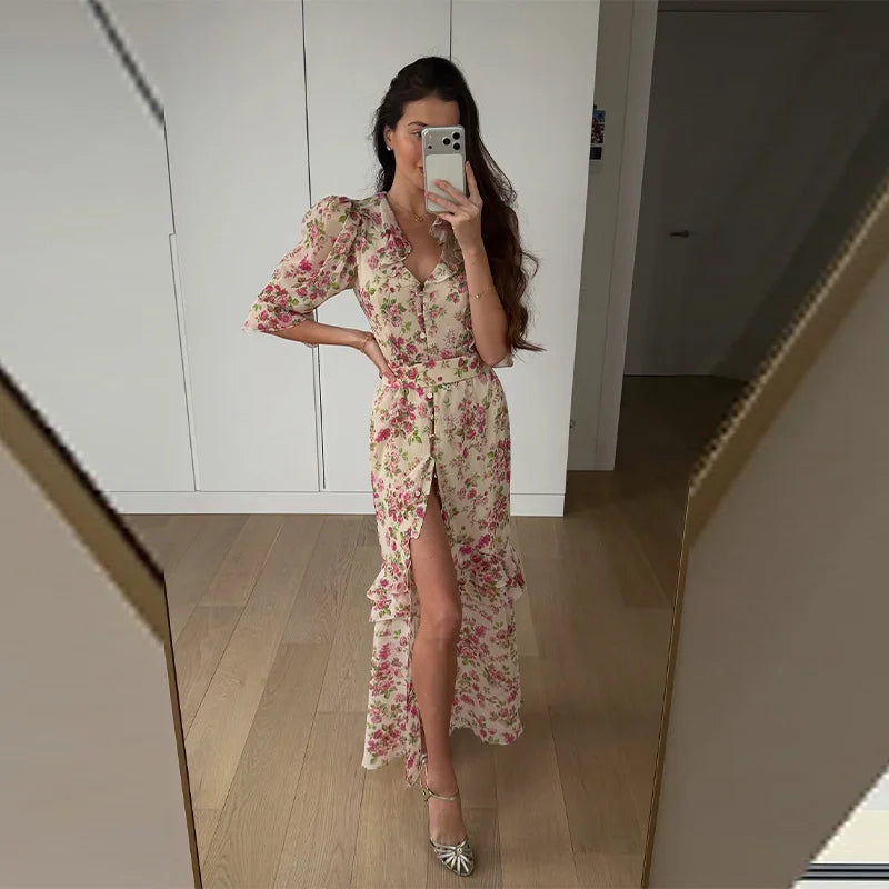 Floral Print Ruffle V Neck Waist Cinching Long dress
