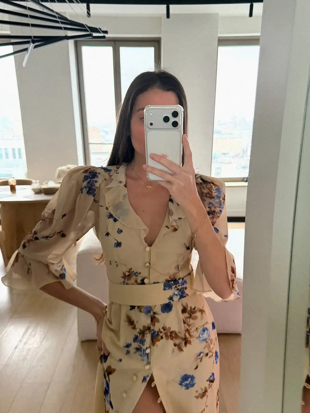 Floral Print Ruffle V Neck Waist Cinching Long dress