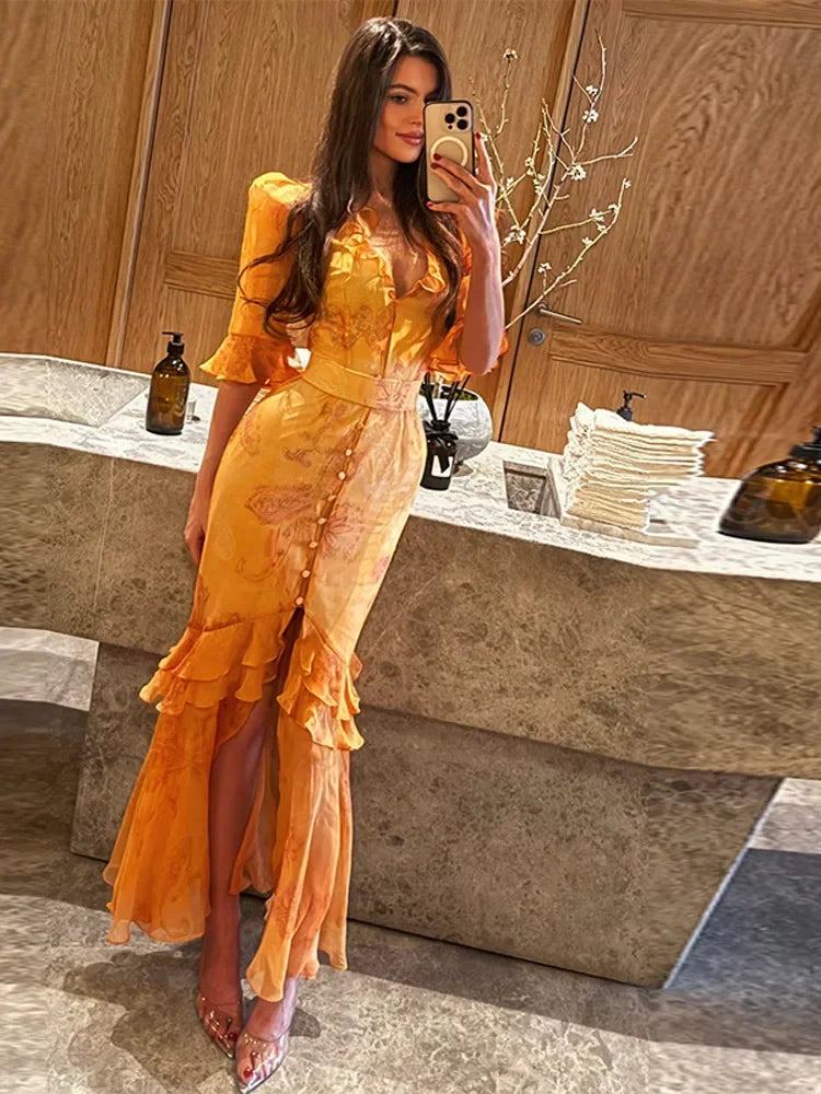 Floral Print Ruffle V Neck Waist Cinching Long dress