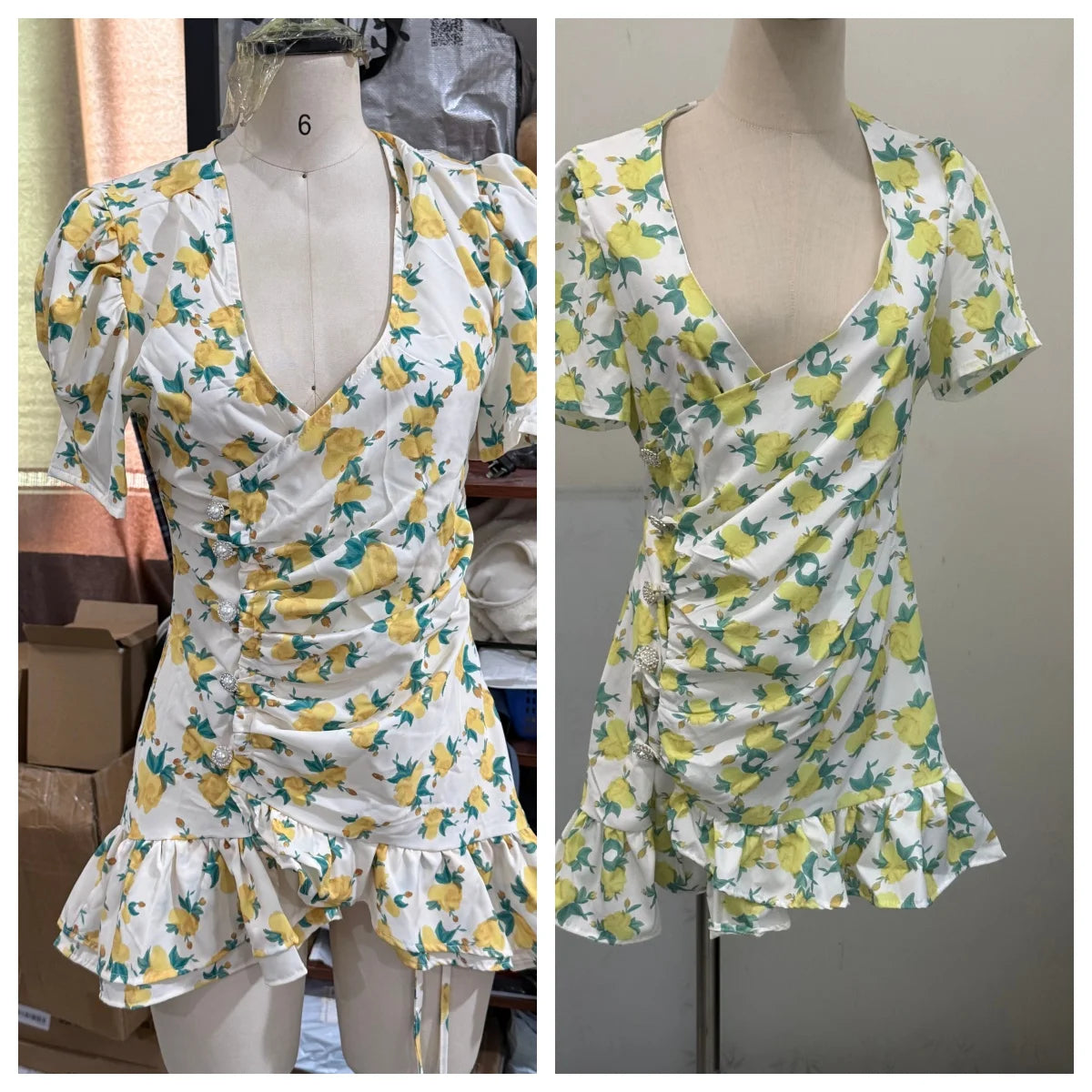 Floral Print Ruffle V Neck Waist Cinching Long dress