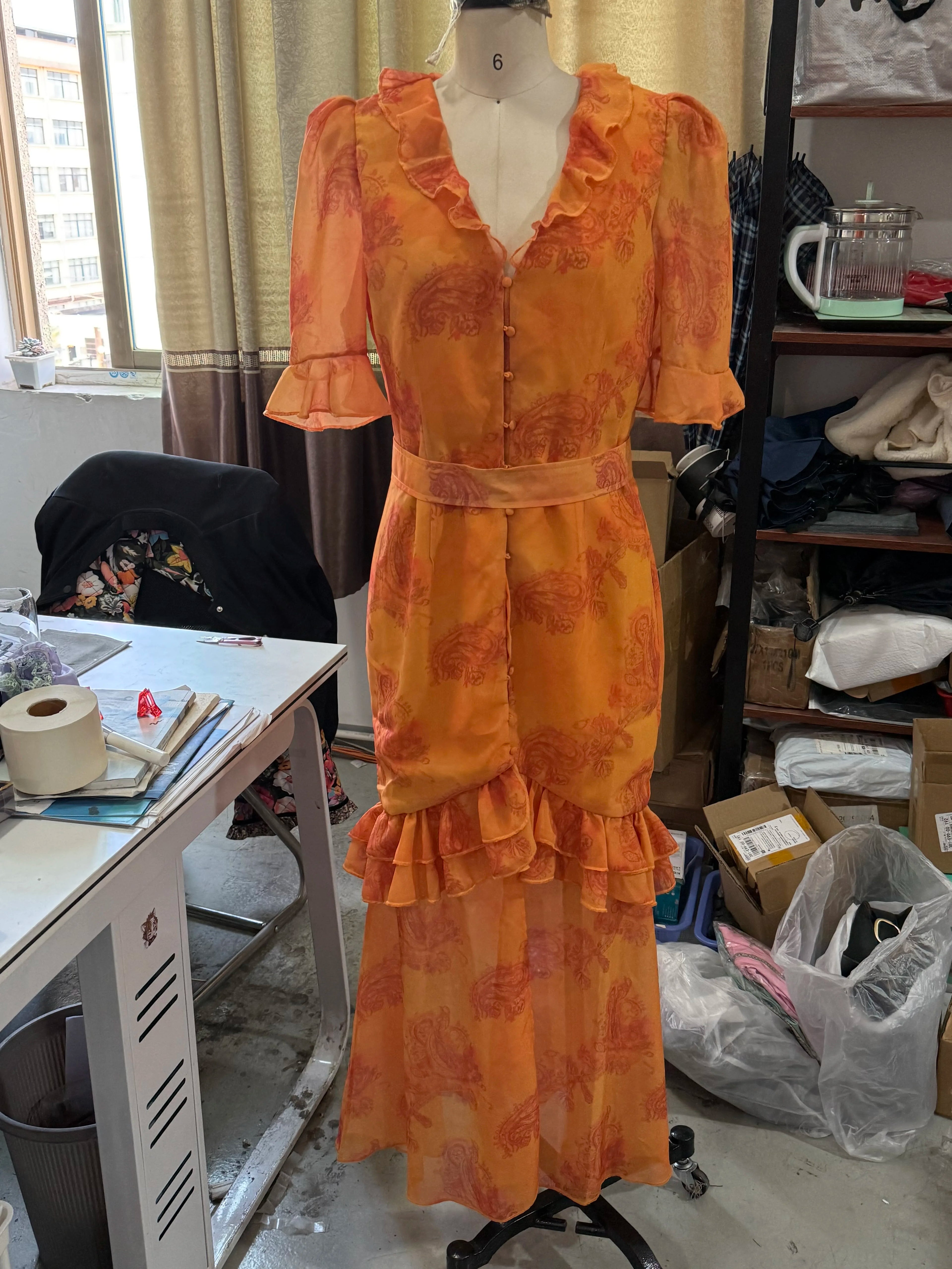 Floral Print Ruffle V Neck Waist Cinching Long dress