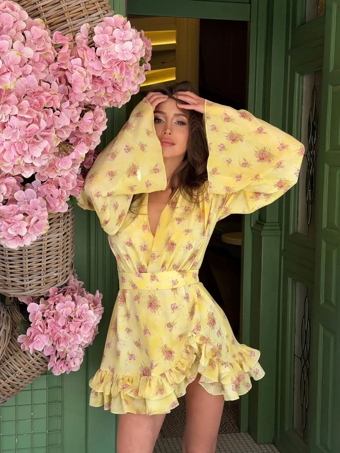 Floral Print Ruffle V Neck Waist Cinching Long dress