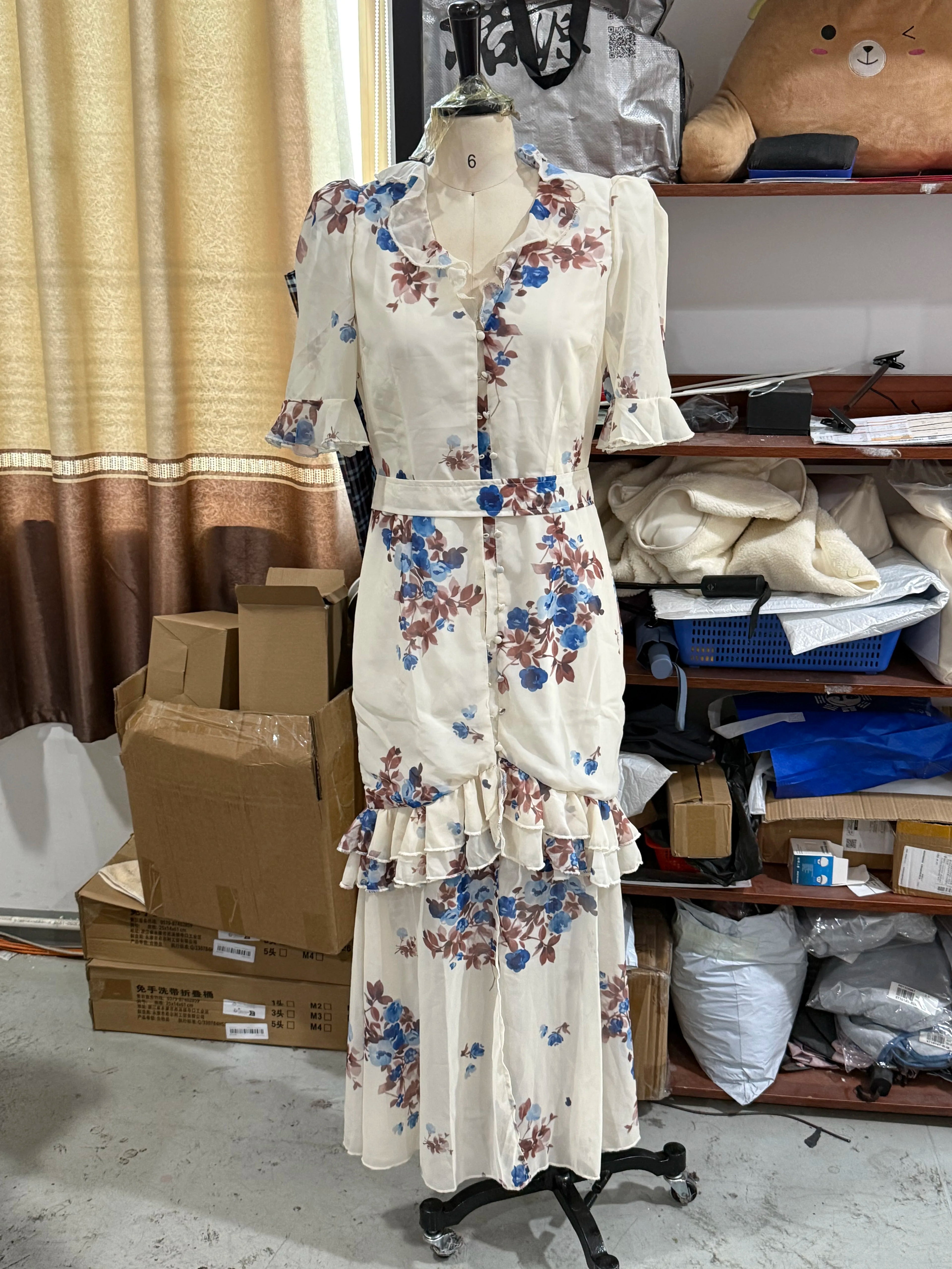 Floral Print Ruffle V Neck Waist Cinching Long dress