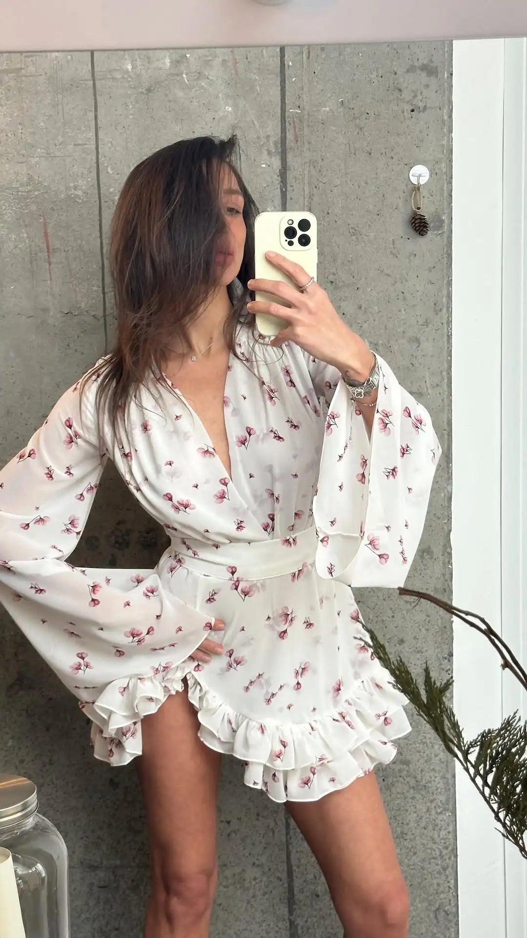 Floral Print Ruffle V Neck Waist Cinching Long dress