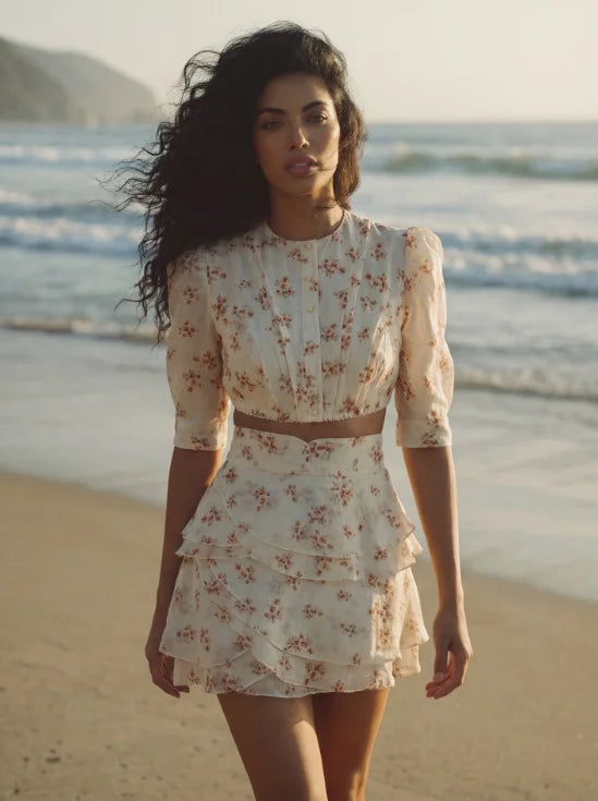 Floral Print Ruffle V Neck Waist Cinching Long dress