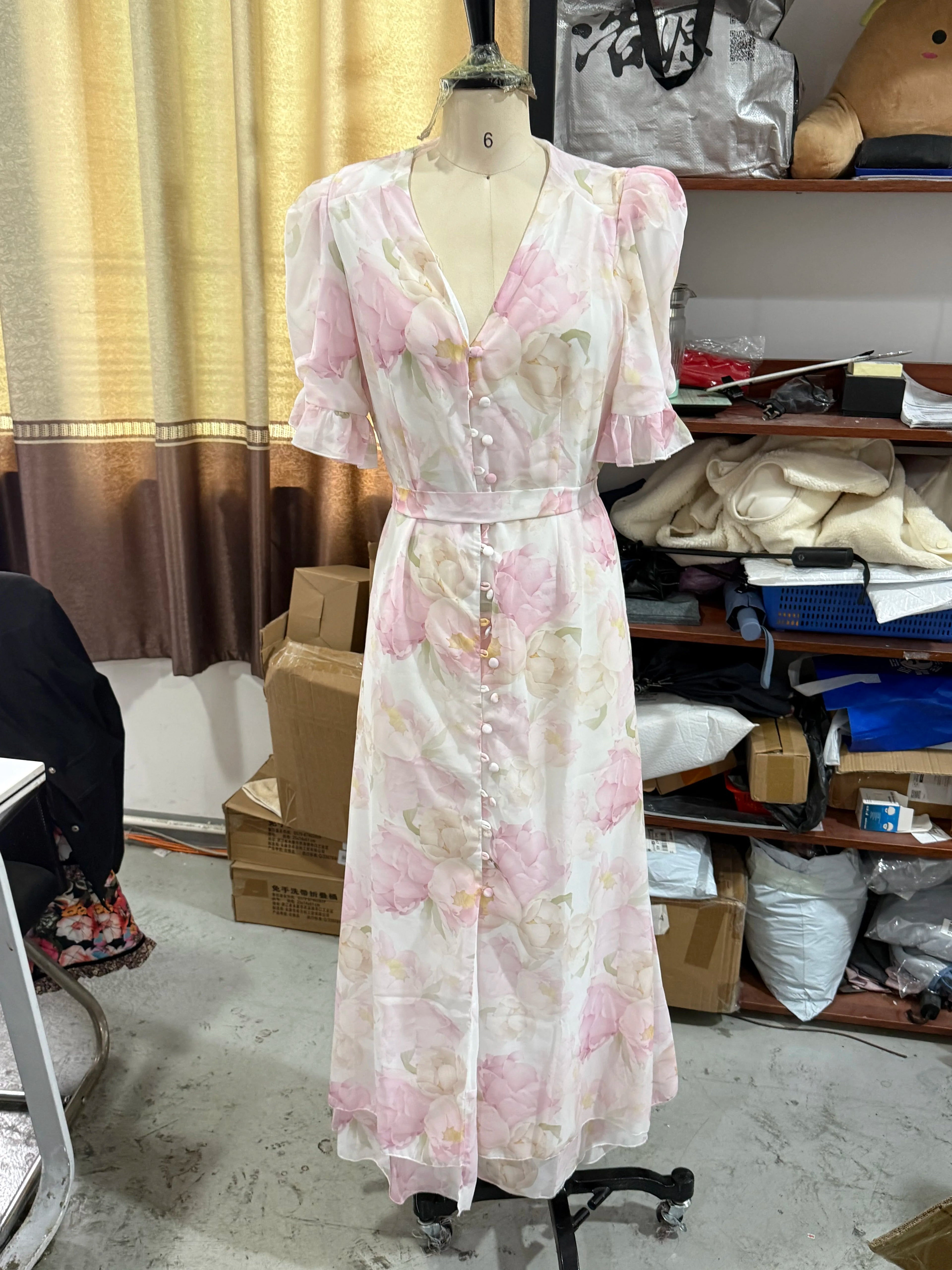 Floral Print Ruffle V Neck Waist Cinching Long dress