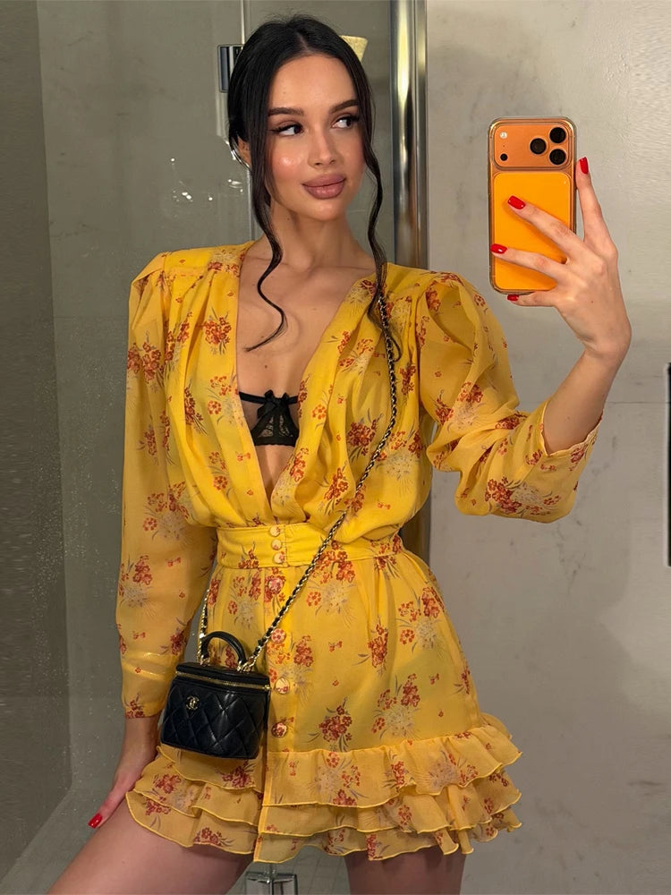 Floral Print Ruffle V Neck Waist Cinching Long dress