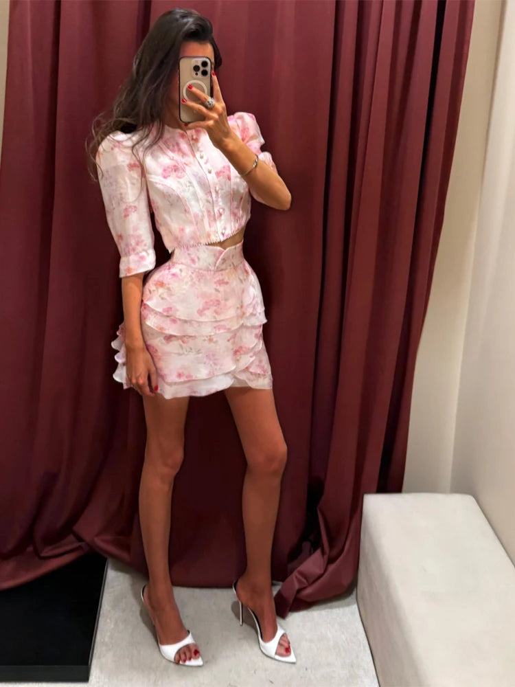 Floral Print Ruffle V Neck Waist Cinching Long dress