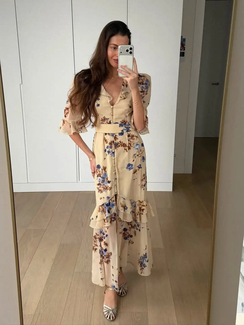 Floral Print Ruffle V Neck Waist Cinching Long dress