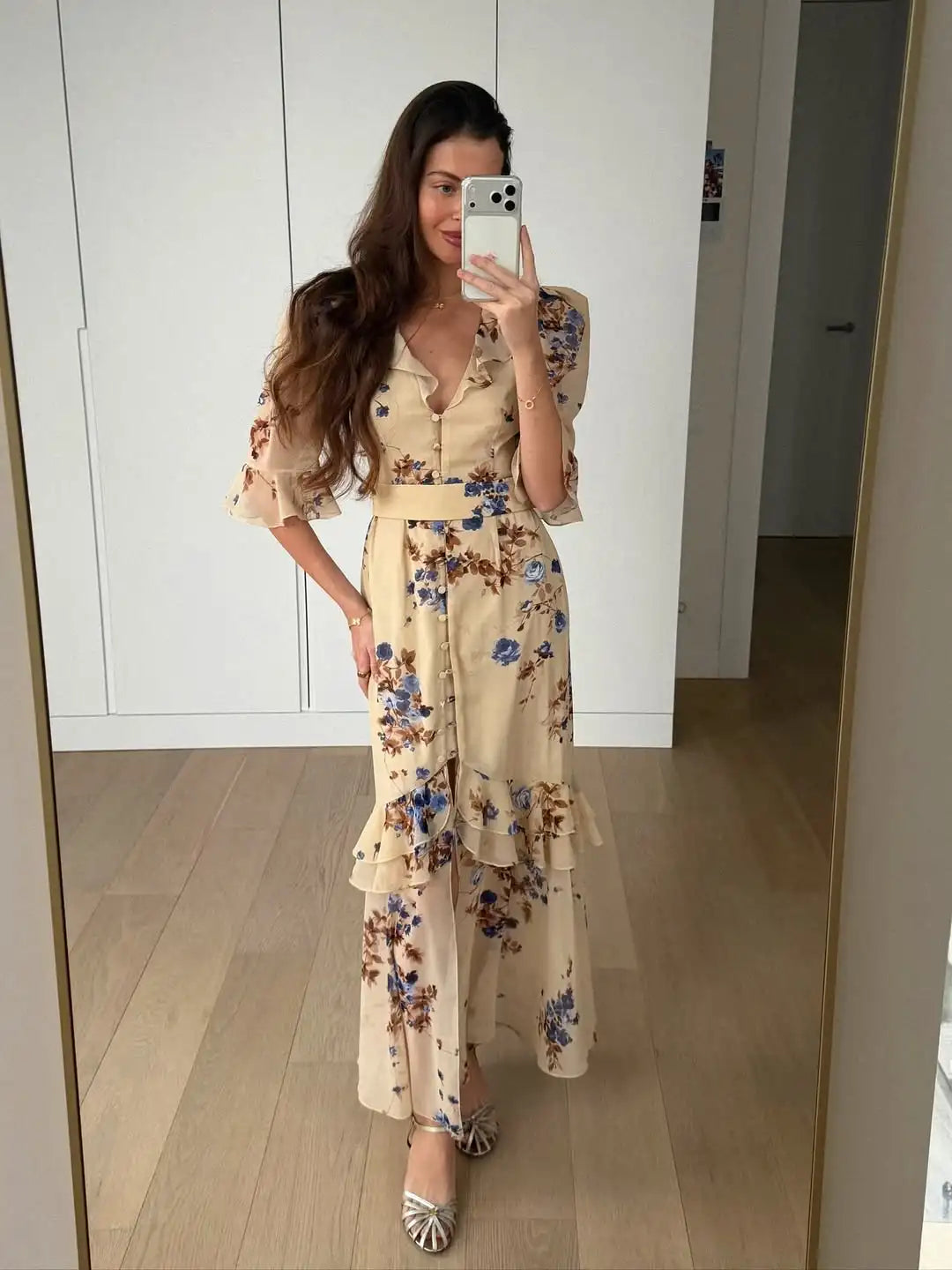 Floral Print Ruffle V Neck Waist Cinching Long dress
