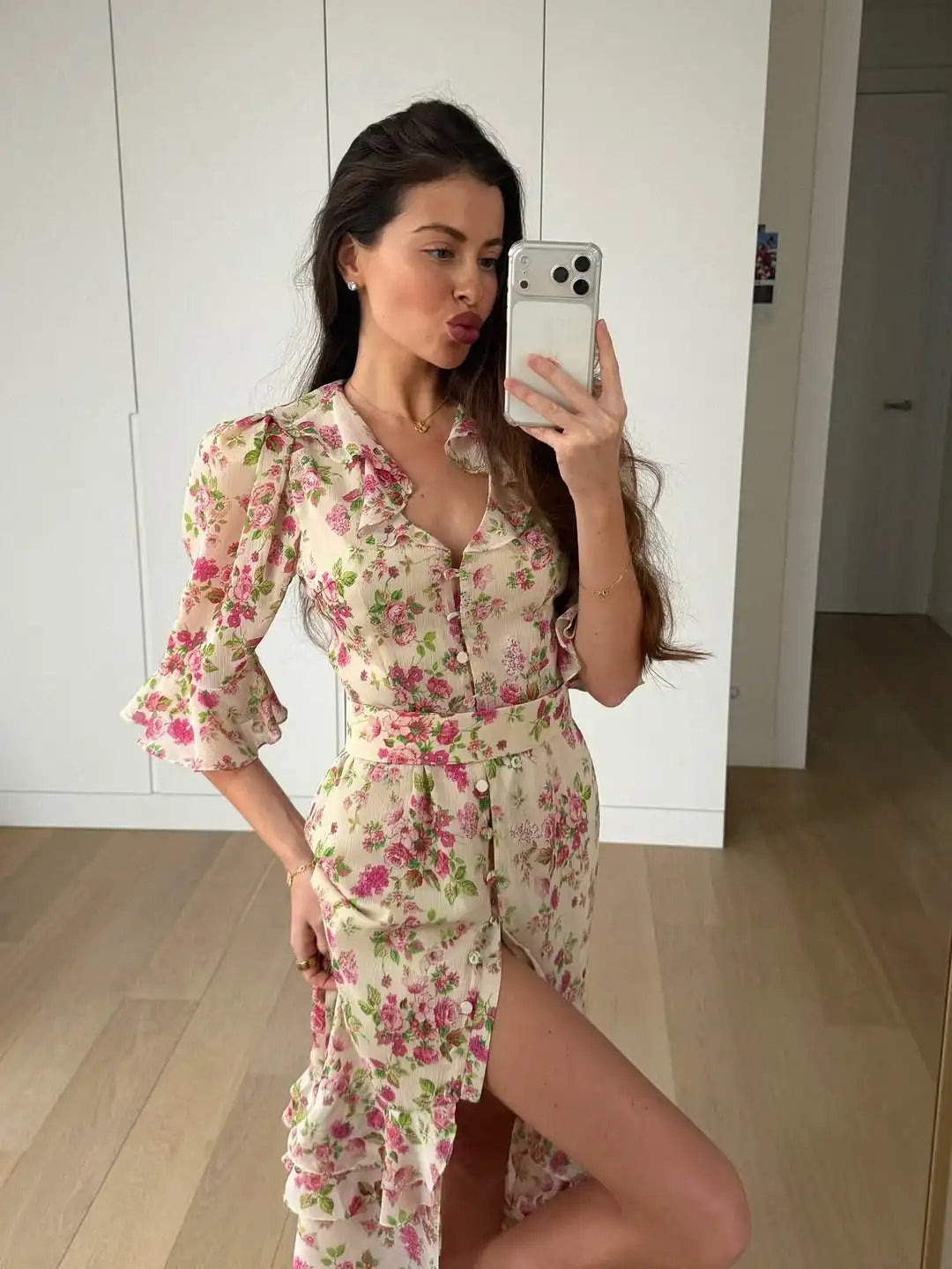 Floral Print Ruffle V Neck Waist Cinching Long dress