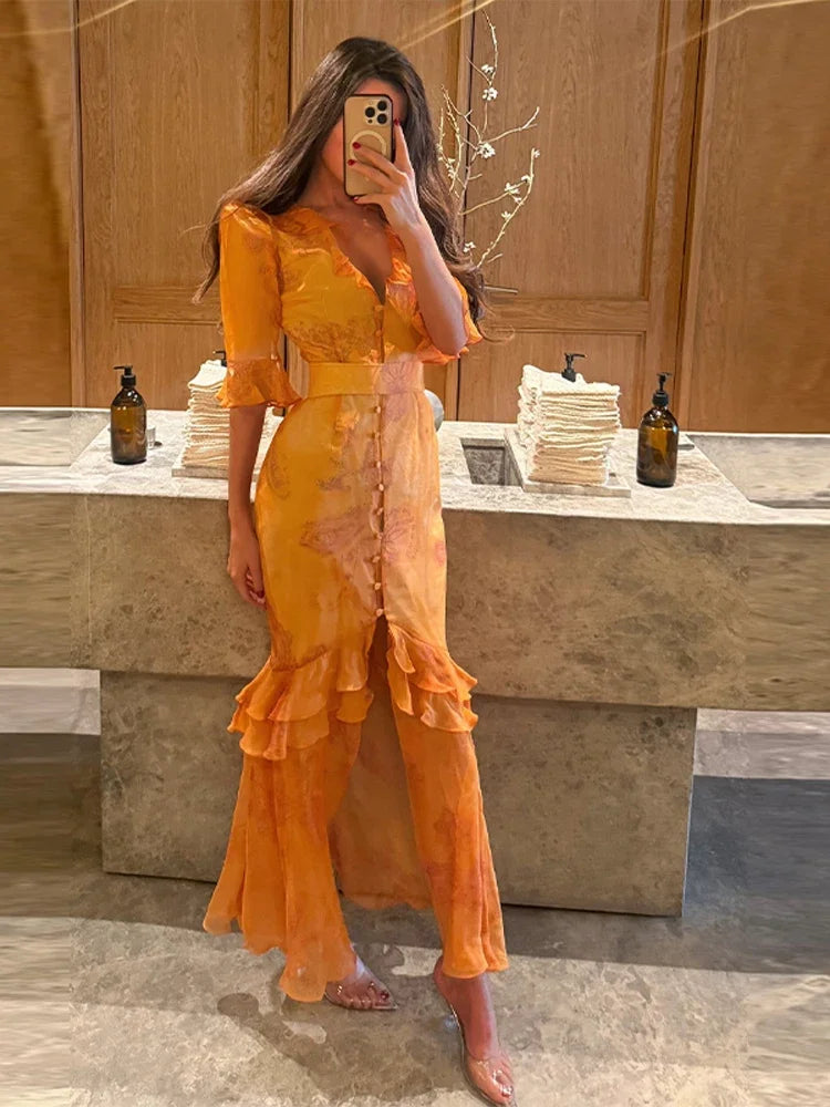 Floral Print Ruffle V Neck Waist Cinching Long dress