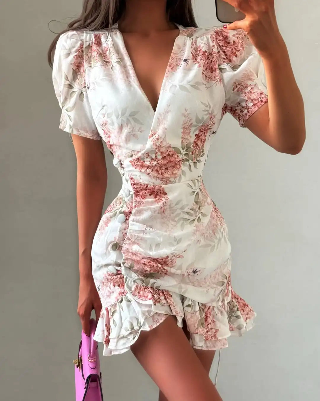 Floral Print Ruffle V Neck Waist Cinching Long dress